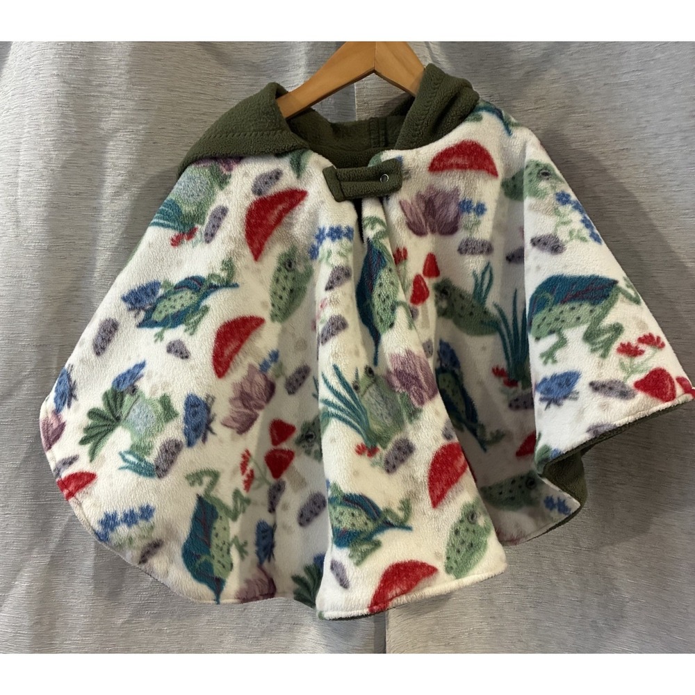 Handmade Mushroom Frog Print Fleece Poncho Kids One Size Hooded Multicolor Wrap